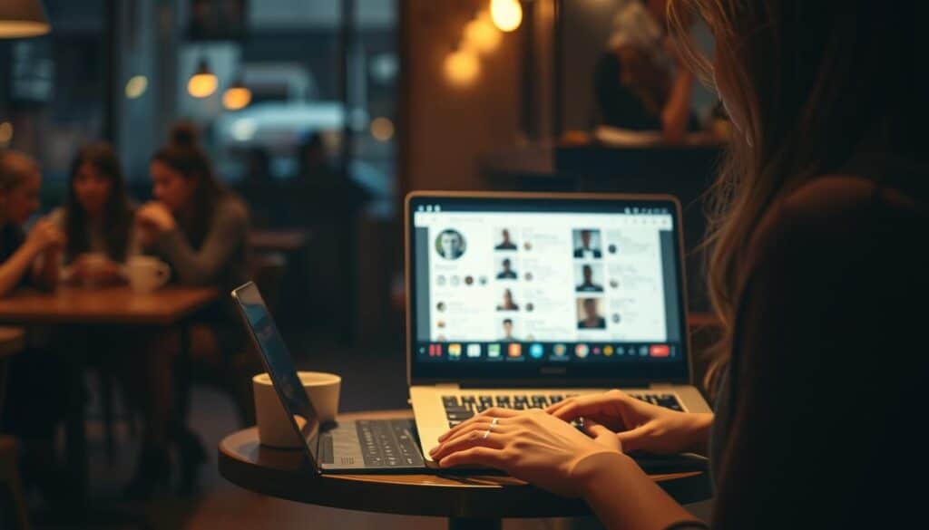 A dimly lit coffee shop interior, with a woman sitting at a small table, laptop open and fingers tapping on the keyboard. Warm lighting casts a cozy glow, as she intently scrolls through various dating app profiles on her screen. The background is blurred, with the faint outlines of other café patrons sipping their drinks. The woman's expression is one of focused determination, as she navigates the digital landscape of modern romance. The scene conveys a sense of solitude and introspection, but also the promise of new connections and possibilities.