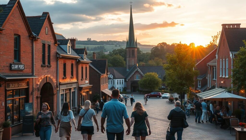 A bustling small-town square with charming brick buildings and lively cafes, surrounded by rolling hills and a winding country road. In the foreground, couples stroll hand-in-hand, peering into inviting shop windows. The middle-ground is filled with the warm glow of string lights and the chatter of friends gathered at outdoor tables. In the background, a picturesque country church steeple rises above the treetops, bathed in the golden light of a setting sun. The scene evokes a sense of cozy, intimate adventure, perfectly capturing the spirit of exploring nearby dating hotspots beyond the quaint town of Elgin.