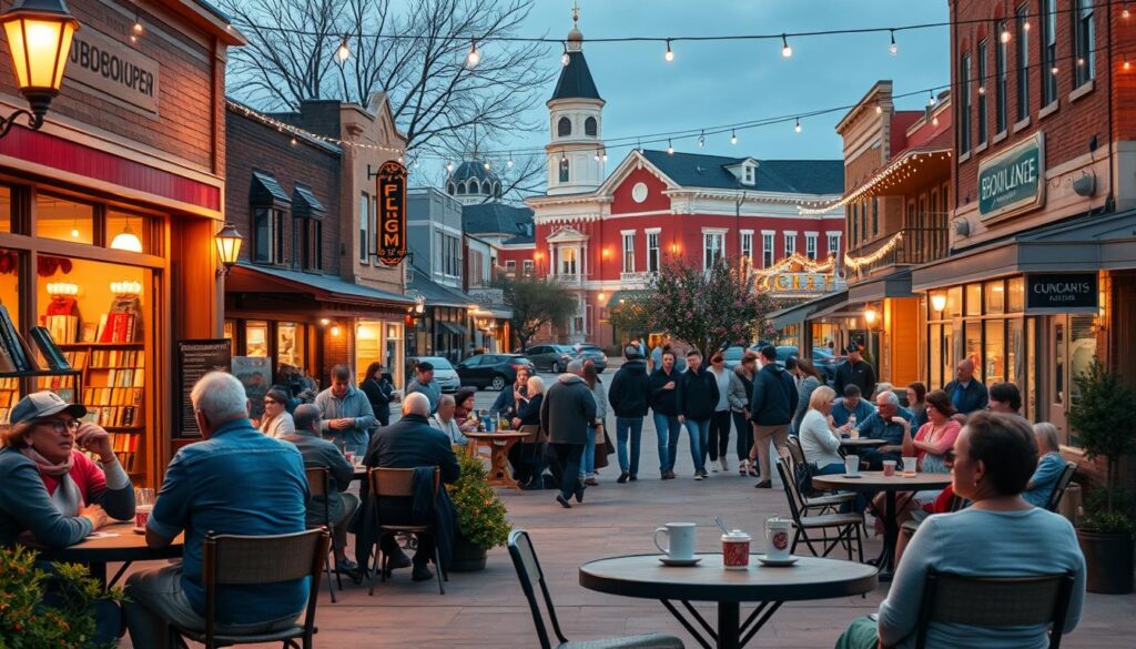 A warm, inviting scene of a small-town square in Elgin, Nebraska. The foreground features a cozy coffee shop with couples chatting over steaming mugs, while groups of friends gather at the outdoor tables. In the middle ground, a bookstore and local diner draw in passersby. The background is dotted with quaint boutiques, a community theater, and a historic courthouse, all bathed in the soft glow of street lamps and twinkling cafe lights. The overall atmosphere is one of conviviality and community, where singles can comfortably mingle and connect.