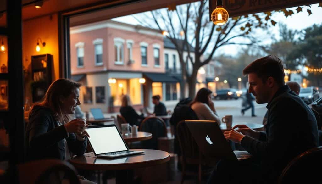 A cozy and inviting coffee shop in downtown Clarkson, Nebraska, on a pleasant autumn evening. Soft, warm lighting illuminates the space, creating a welcoming ambiance. In the foreground, a young couple sits at a small table, their faces lit by the glow of their laptop screens as they engage in animated conversation, the backdrop of the quaint, historic buildings outside the window. The middle ground features other patrons, some sipping cups of coffee, others working on their devices, all immersed in the vibrant, intimate atmosphere of this local hub for online dating and socializing. The background showcases the charming, tree-lined streets of Clarkson, hinting at the tight-knit community that provides the perfect setting for finding meaningful connections.