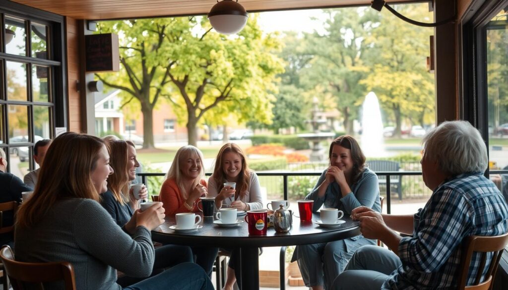 A bustling cafe on a quaint street in Bassett, Nebraska, with friends gathered around a cozy table, laughing and sharing stories over cups of steaming coffee. Soft natural light filters through the large windows, casting a warm glow on the scene. In the background, a park with verdant trees and a fountain provides a tranquil backdrop, encouraging casual strolls and chance encounters. The atmosphere exudes a sense of community, where singles can feel comfortable and welcomed, forging new connections over shared interests and experiences.