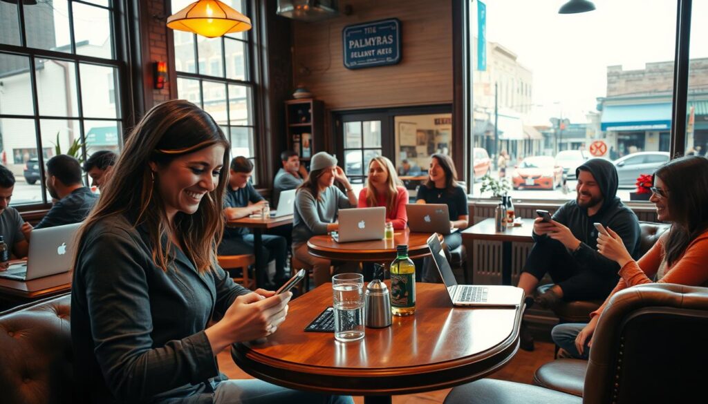 A cozy café in downtown Palmyra, Nebraska, bustling with singles on their laptops and phones, engaged in lively conversations and swiping through dating apps. Warm lighting filters through large windows, creating a welcoming ambiance. In the foreground, a young woman smiles as she types on her phone, while a group of friends laugh and share stories at a nearby table. The middle ground features a mix of modern and rustic decor, with wooden tables and plush armchairs. In the background, the historic main street of Palmyra is visible, evoking a sense of community and small-town charm. The overall scene conveys the ease and comfort of online dating in this vibrant, close-knit Midwestern town.