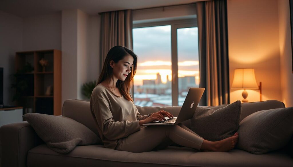 A cozy living room in a modern apartment, bathed in soft, warm lighting from a nearby lamp. In the center, a young woman sits on a plush couch, laptop open on her lap, browsing a dating app with a serene, hopeful expression. The room is tastefully decorated with minimalist, Scandinavian-inspired furnishings, creating a calm, inviting atmosphere. Through a window in the background, a cityscape of Juniata, Nebraska, can be seen, with a golden sunset casting a romantic glow over the scene. The overall mood is one of comfort, connection, and the promise of new possibilities.