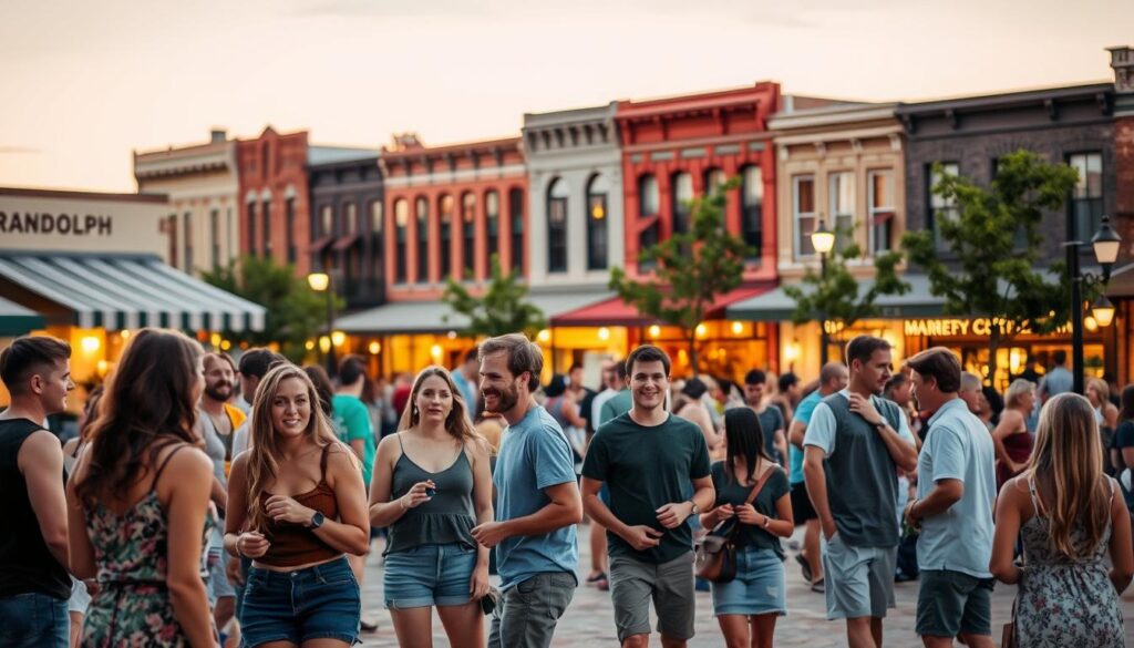 A bustling town square in Randolph, Nebraska, on a warm summer evening. In the foreground, a group of young singles casually mingling, laughing and exchanging glances. They are dressed in casual, stylish attire, conveying a relaxed, friendly atmosphere. The middle ground features cozy outdoor cafes and bars, their patio seating filled with more singles engaged in lively conversation. In the background, the historic downtown buildings cast a warm, golden glow under soft, diffused lighting, creating a charming, intimate ambiance. The overall scene suggests a vibrant, close-knit community of Randolph residents exploring the local dating scene.