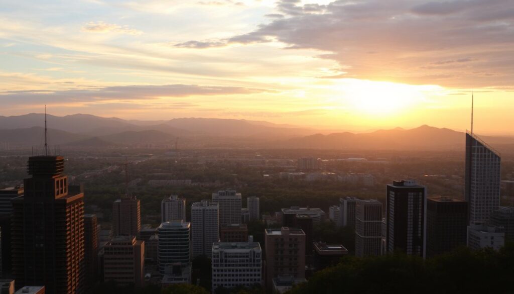 A scenic view of a bustling cityscape, with skyscrapers and high-rise buildings in the foreground, surrounded by a lush, verdant landscape in the middle ground. The sky is painted in warm hues, with the setting sun casting a golden glow over the urban landscape. In the background, a range of rolling hills and mountains provides a picturesque backdrop, hinting at the proximity of nature to the bustling metropolis. The image conveys a sense of energy, vibrancy, and potential for romantic encounters, making it an ideal setting for a dating guide focused on nearby cities.