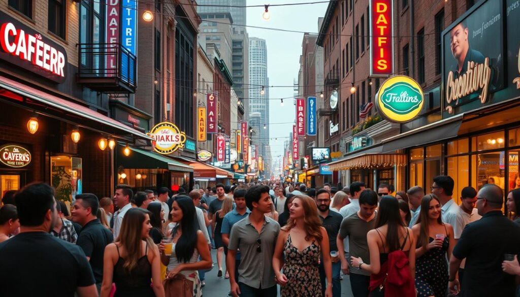 A bustling downtown streetscape, with vibrant cafes, trendy bars, and lively crowds spilling onto the sidewalks. The scene is bathed in the warm glow of string lights and neon signs, creating an inviting, energetic atmosphere perfect for chance encounters and casual conversations. In the foreground, a diverse group of singles mingle, laughing and sharing drinks, while in the middle ground, couples stroll hand-in-hand, gazing into each other's eyes. The background features a mix of historic buildings and modern architecture, hinting at the rich cultural tapestry of the city. The overall vibe is one of possibility, with the promise of new connections and promising leads for those seeking love and companionship.