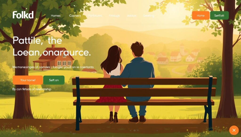 A warm, welcoming dating site interface with a cozy, inviting atmosphere. The homepage features a stylized illustration of a couple on a park bench, surrounded by lush greenery and a picturesque small-town landscape in the background. Soft, natural lighting illuminates the scene, casting a gentle glow. The site's branding and design elements are clean, modern, and unobtrusive, allowing the focus to remain on the human connection. The overall mood is one of comfort, community, and the promise of meaningful relationships for Crofton singles seeking companionship on Folkd.com.