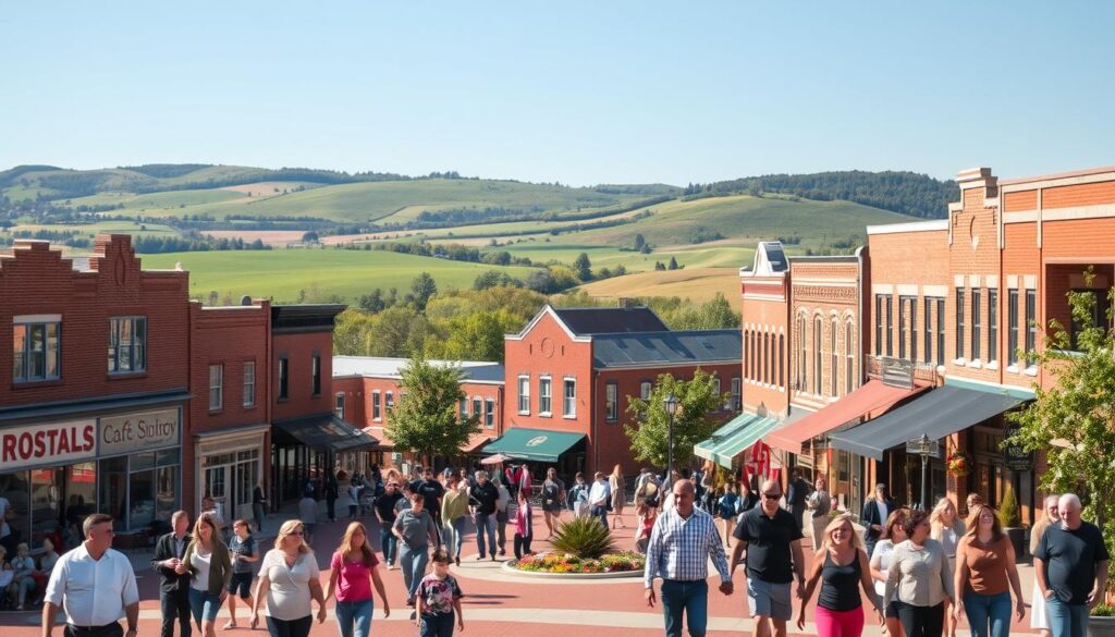 A scenic cityscape of Crofton, Nebraska, a charming Midwestern town ideal for singles dating. In the foreground, a vibrant town square bustling with couples strolling hand-in-hand, enjoying the warm afternoon sunlight and lively ambiance. Middle ground features quaint brick buildings housing local cafes, boutiques, and art galleries, their windows reflecting the activity outside. In the background, rolling hills and lush green landscapes, creating a peaceful and tranquil backdrop for this welcoming small-town atmosphere. The overall mood is one of romantic possibility, with a lens capturing the scene in a soft, inviting focus to draw the viewer into the dating potential of Crofton.