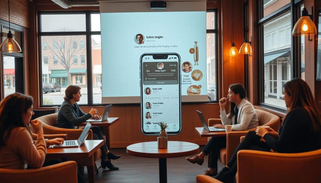 A cozy coffee shop interior with warm lighting, wooden tables, and plush armchairs. In the foreground, a group of young professionals engaged in lively conversation, their laptops and cups of coffee suggesting a relaxed, social atmosphere. In the middle ground, a sleek, minimalist interface of a dating app projected on the wall, showcasing profiles of Sutton singles. The background features large windows overlooking a quaint Main Street, hinting at the small-town charm of Sutton, Nebraska. The overall mood is one of modern, community-driven dating in a comfortable, inviting setting.