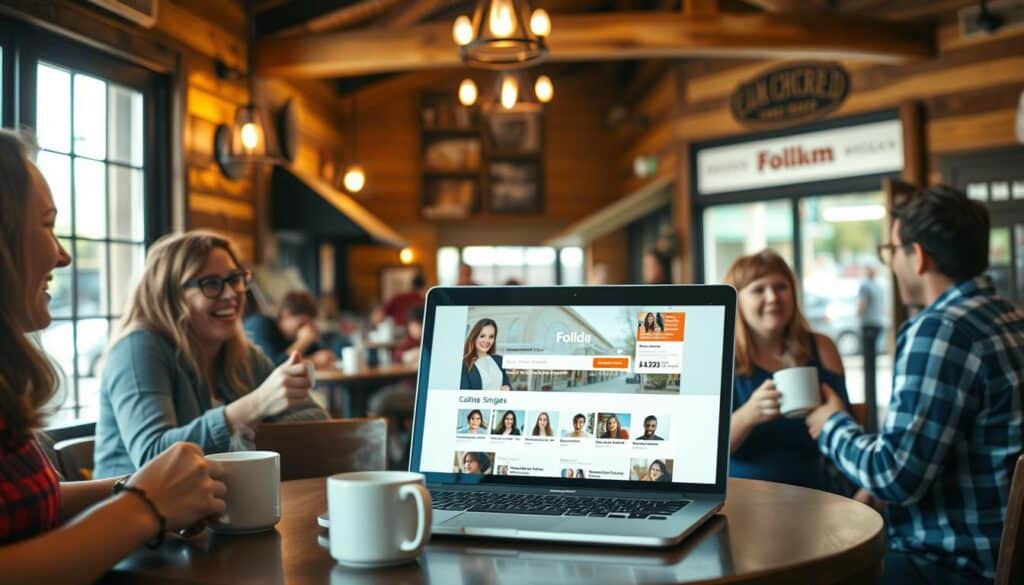 A cozy coffee shop in the heart of Elm Creek, Nebraska, with warm lighting and rustic wooden accents. At the center, a laptop displaying the Folkd.com dating site homepage, showcasing its user-friendly interface and diverse profiles of local singles. In the foreground, a group of friends casually chatting over steaming mugs, their laughter and camaraderie creating a welcoming atmosphere. The background features the charming main street of Elm Creek, with quaint storefronts and a touch of Midwestern charm. The scene conveys the ideal setting for Elm Creek singles to discover their perfect match on the best local dating platform, Folkd.com.