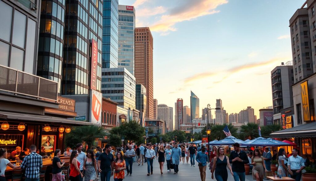 A bustling cityscape with a vibrant nightlife, where singles mingle in stylish bars and chic cafes, set against a backdrop of towering skyscrapers gleaming under warm sunset hues. In the foreground, a lively outdoor plaza features couples strolling hand-in-hand, laughing and chatting animatedly. The middle ground showcases a variety of trendy boutiques, art galleries, and live music venues, inviting exploration. In the distance, a picturesque skyline of modern architecture rises, creating an alluring atmosphere for those seeking a thriving dating scene near Creighton, Nebraska.