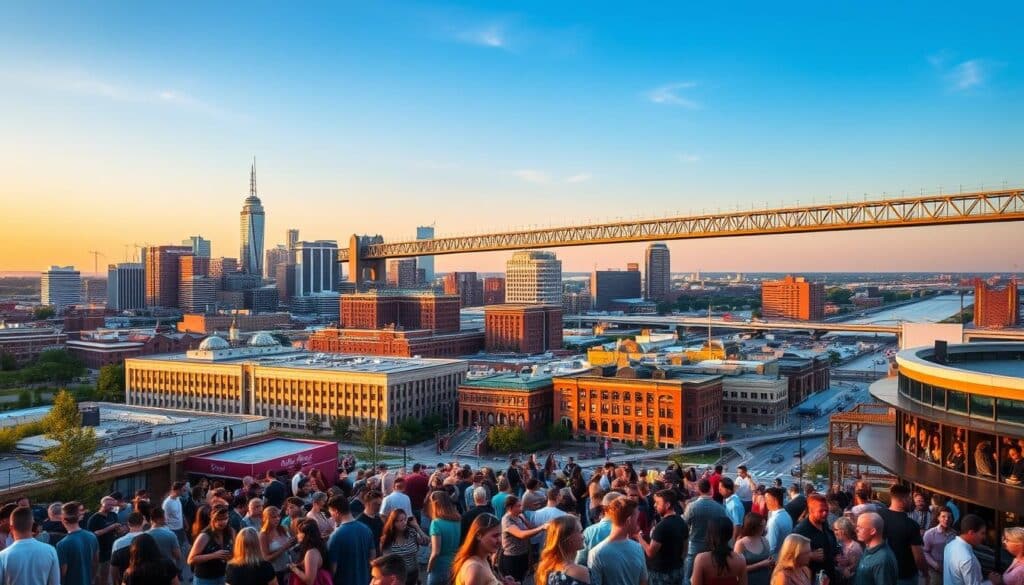 A bustling cityscape at golden hour, with the skyline of Omaha, Lincoln, and Grand Island visible in the distance. In the foreground, a lively city plaza filled with young singles mingling and socializing, their faces aglow with warm lighting. The middle ground features a mix of modern high-rises, historic brick buildings, and trendy cafes and bars, creating an inviting urban atmosphere perfect for a first date. Framing the scene, a network of bridges and highways connecting the cities, symbolizing the ease of travel between Buccaneer Bay and these vibrant dating destinations.