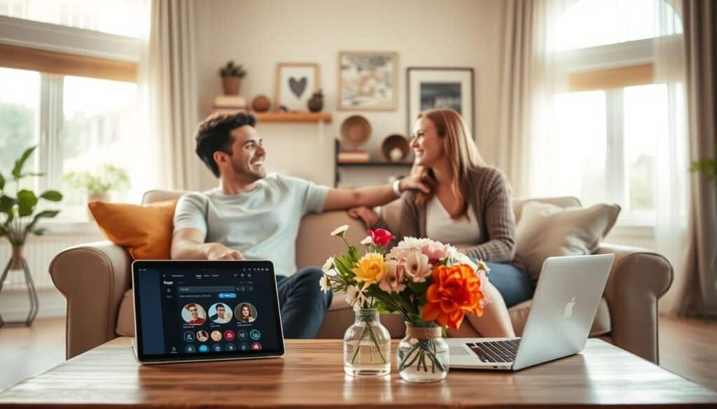 A warm, inviting living room setting, bathed in soft, natural lighting that streams through large windows. In the foreground, a young couple sits on a comfortable couch, engaged in a lively conversation, their expressions filled with genuine connection and excitement. The middle ground features a cozy coffee table, adorned with a vase of fresh flowers and a laptop open to a dating app interface. The background showcases tasteful decor, such as bookshelves and artwork, evoking a sense of homeliness and comfort. The overall atmosphere conveys the joy and optimism of finding love through online dating.
