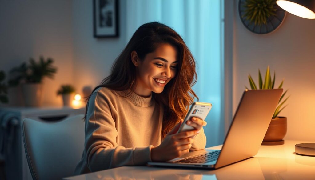 A cozy laptop-lit room, an Arlington native sitting at a chic desk, browsing profiles on a sleek dating app. Warm ambient lighting, a softly blurred background of potted plants and modern decor. The user's expression conveys a sense of hopeful anticipation, as they carefully swipe and scroll, seeking a compatible match from the local community. The overall scene evokes the comfort and convenience of online dating for single residents of this charming Nebraskan town.