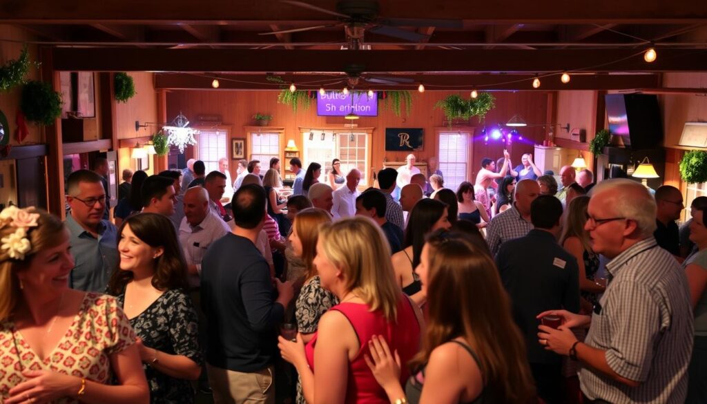 A bustling social event for singles in a cozy small-town setting. In the foreground, a group of diverse individuals mingling and engaging in lively conversations, their expressions animated and welcoming. The middle ground showcases a vibrant array of activities, from friendly board game sessions to lively dance performances, all set against the backdrop of a charming local cafe or community center. Warm, soft lighting creates a inviting atmosphere, while the composition captures the sense of camaraderie and connection among the singles in attendance. The overall scene conveys a welcoming, inclusive, and lively social experience tailored for the singles of Arlington, Nebraska.
