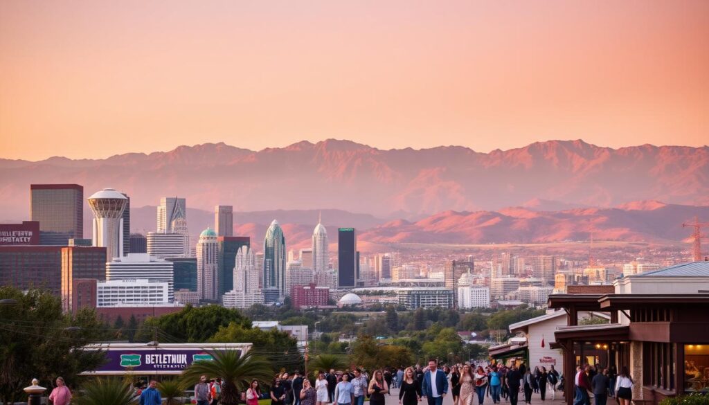 A bustling city skyline at sunset, with modern high-rises and skyscrapers in the foreground, surrounded by a lush, rolling landscape in the middle ground. In the background, a range of majestic mountains frame the scene, their peaks bathed in warm, golden light. The streets below are bustling with people, couples strolling hand-in-hand, enjoying the vibrant nightlife and dining options. The atmosphere is one of energy, excitement, and the promise of new connections. Captured with a wide-angle lens to showcase the scale and scope of the nearby cities, this image invites the viewer to imagine the possibilities for dating and social exploration in the Fullerton, Nebraska area.