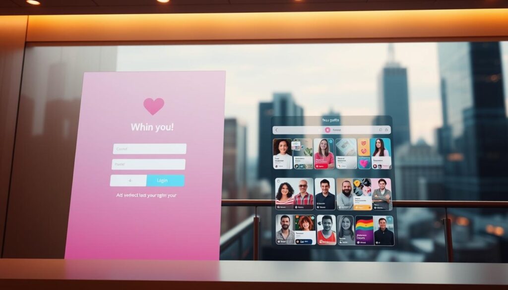 A well-lit, sleek online dating platform interface showcasing a modern, minimalist design aesthetic. The foreground features a warm and inviting login screen with clean typography and subtle gradients. The middle ground highlights a curated profile section with personalized user avatars, interactive menus, and vibrant profile cards. The background depicts a softly blurred cityscape, hinting at the platform's urban connectivity. The overall mood is polished, professional, and conducive to meaningful digital matchmaking. Captured with a wide-angle lens at eye level to convey an approachable user experience.