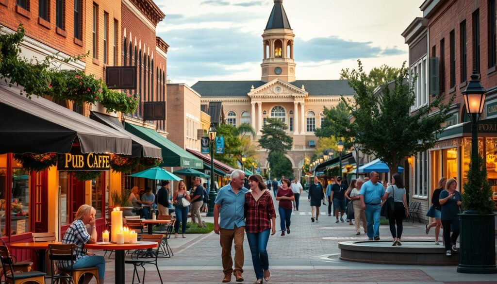 A bustling downtown street in Kimball, Nebraska, with couples strolling hand-in-hand past quaint cafes, boutiques, and a picturesque park. The scene is bathed in warm, golden light, creating a cozy, romantic atmosphere. In the foreground, a couple enjoys a candlelit dinner at an outdoor bistro, overlooking a tranquil fountain. The middle ground features a lively pub, where singles mingle and laugh over craft cocktails. In the background, the iconic Kimball County Courthouse stands tall, its stately architecture adding a touch of elegance to the scene. The overall mood is one of small-town charm and local flavor, perfect for a memorable date night in Kimball.