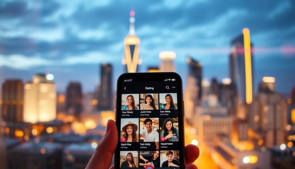A bustling city skyline in the distance, with a foreground featuring a mobile device displaying a dating app interface. The screen shows several profiles of potential matches from nearby cities, each presented with their name, age, and a brief bio. The lighting is warm and inviting, creating a cozy, welcoming atmosphere. The angle is slightly elevated, giving a bird's-eye view of the scene, emphasizing the connections and opportunities available in the surrounding metropolitan areas. The overall composition conveys the excitement and possibilities of dating in the nearby cities, ready to be explored by the singles in Hickman, Nebraska.
