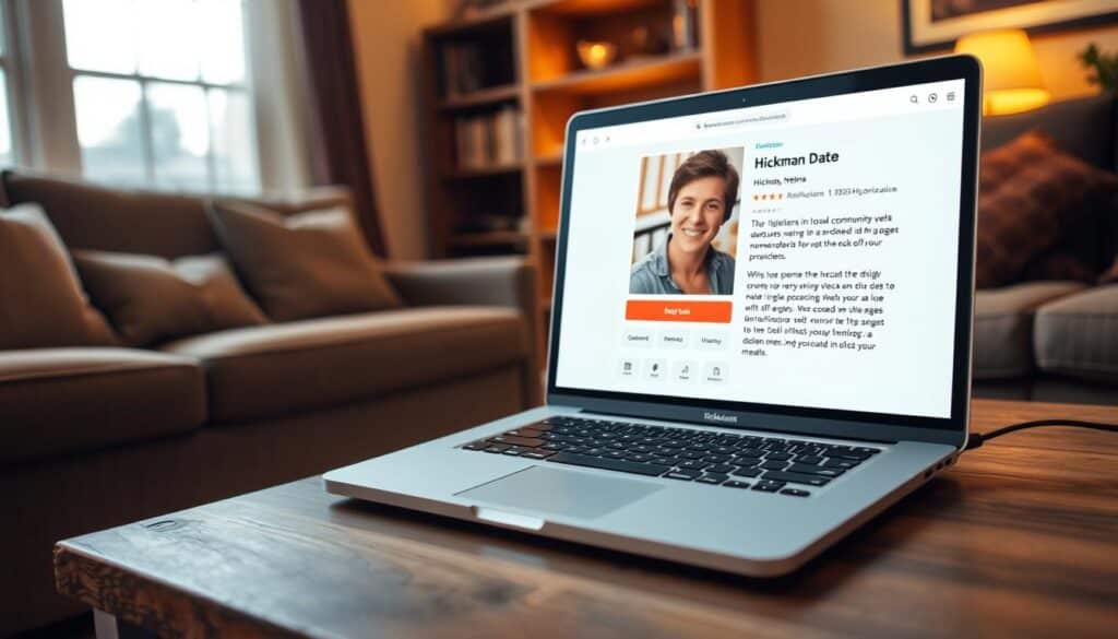 A cozy living room with warm lighting, a wooden bookshelf, and a comfortable sofa. On the coffee table, a laptop displays a dating profile with a warm, inviting headshot of a person from Hickman, Nebraska. The profile highlights their interests in local community events, outdoor adventures, and sharing homemade meals. The atmosphere conveys a sense of authenticity and connection, reflecting the small-town charm of Folkd.com as the best choice for Hickman singles.