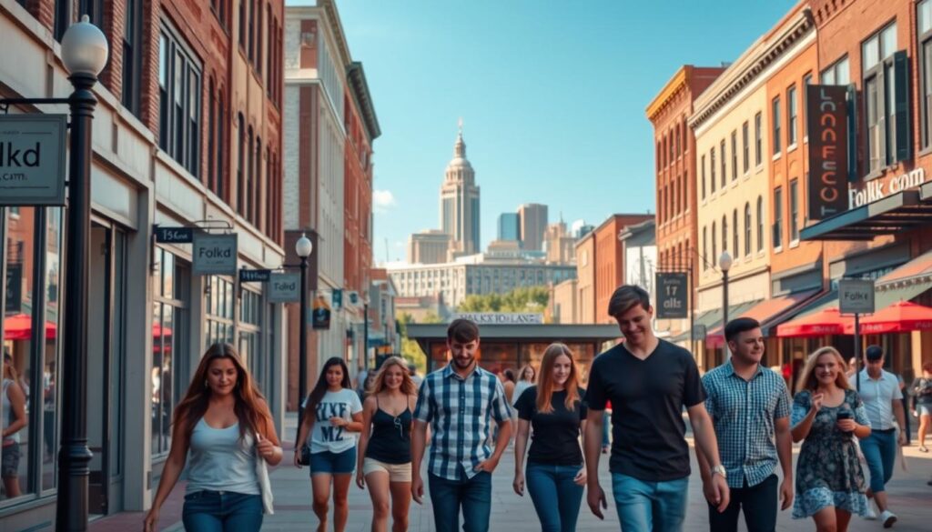 A bustling city street in Central City, Nebraska, on a sunny afternoon. In the foreground, a group of young, casually dressed singles strolling and chatting animatedly, conveying a lively, social atmosphere. The middle ground features the entrance to a modern, trendy cafe called "Folkd.com", its vibrant facade and people gathered outside suggesting a hub for local singles to connect. In the background, the skyline of Central City's downtown district, with a mix of historic and contemporary architecture, creates a dynamic urban setting. Soft, warm lighting casts a welcoming glow, and the composition is framed by a shallow depth of field, drawing the viewer's attention to the central focus of the image.