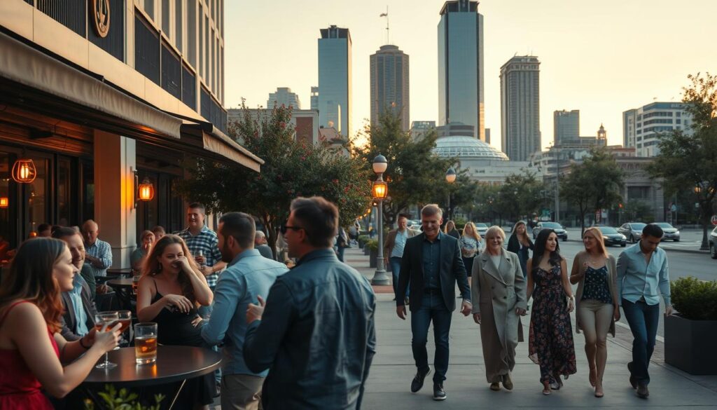 A bustling scene in the heart of Central City, Nebraska. In the foreground, a group of young professionals enjoy drinks and lively conversation at an upscale outdoor cafe. Soft, warm lighting casts a cozy glow over the intimate setting. In the middle ground, couples stroll hand-in-hand along the tree-lined sidewalks, taking in the sights and sounds of the vibrant urban landscape. In the background, the towering skyscrapers of the city skyline stand tall, framed by a golden-hour sky. The atmosphere is one of youthful energy, sophisticated charm, and the promise of new connections.
