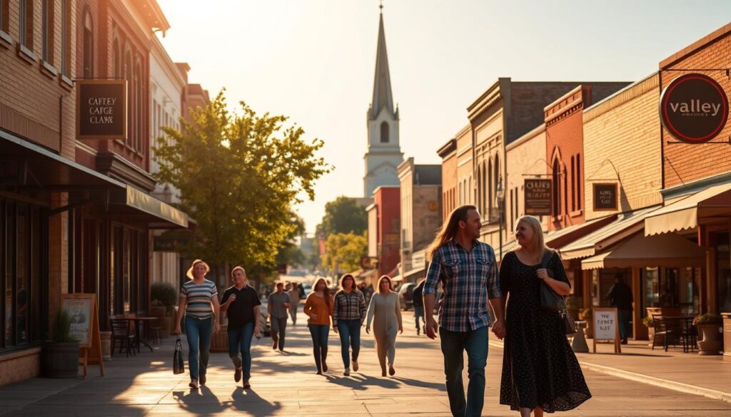 A bustling downtown street in the heart of Valley, Nebraska, bathed in the warm glow of late afternoon sunlight. Couples stroll hand-in-hand, pausing to window-shop or linger over coffee at quaint cafes. In the distance, the iconic steeple of the local church stands tall, a symbol of the town's small-town charm. The scene exudes a relaxed, friendly vibe, with locals and visitors alike enjoying the vibrant community atmosphere. A picturesque setting that showcases why Valley is an ideal destination for singles seeking a welcoming, close-knit dating scene.