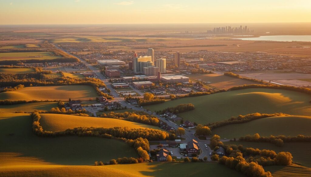 A picturesque aerial view of the top nearby cities for dating near O'Neill, Nebraska. In the foreground, rolling hills and lush countryside dotted with quaint small-town charm. In the middle ground, the bustling city centers of Norfolk, Hastings, and Grand Island, each with their own distinctive skylines and vibrant urban landscapes. In the distant background, the silhouettes of larger metropolitan areas like Omaha and Lincoln, their skyscrapers and lights beckoning for a romantic weekend getaway. The scene is bathed in a warm, golden hour glow, creating a serene and inviting atmosphere perfect for those seeking new love connections.