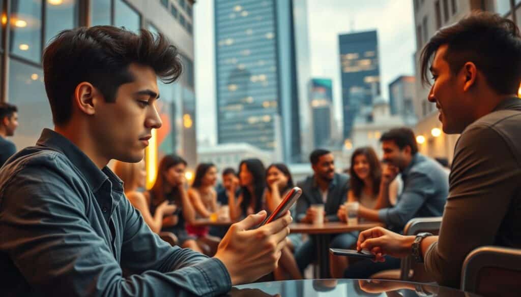 A bustling urban scene depicting the realities of online dating in the United States. In the foreground, a young professional sits at a cozy cafe, smartphone in hand, swiping through dating profiles with a pensive expression. Surrounding them, a diverse array of people are engaged in casual conversation, laughing and making connections. The middle ground features a sleek, modern office building, reflecting the tech-savvy, career-driven nature of the contemporary dating landscape. In the background, the skyline of a major city looms, hinting at the vast pool of potential matches available through online platforms. Soft, warm lighting creates an inviting atmosphere, while a subtle blue-tinted filter suggests the digital nature of the experience. The overall mood captures the blend of excitement, hope, and uncertainty that characterizes the online dating journey for singles in the United States.
