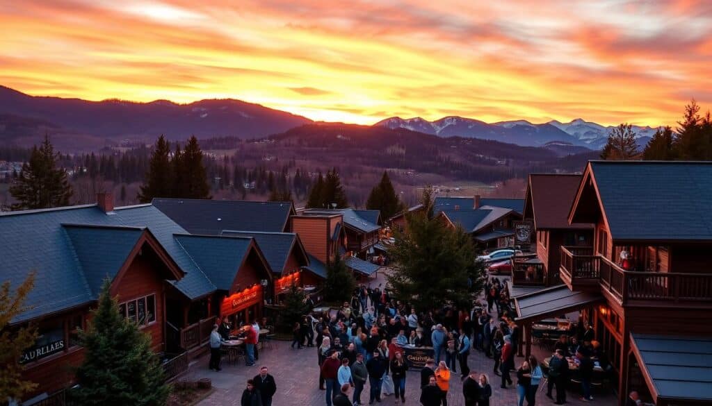 A picturesque mountain town with cozy cabins, quaint cafes, and friendly locals gather in the bustling town square. Overhead, a vibrant sunset casts a warm glow over the scene, illuminating the charming storefronts and tree-lined streets. In the distance, rolling hills and snow-capped peaks create a breathtaking backdrop, inviting visitors to explore the nearby trails and scenic viewpoints. This serene and welcoming community offers an idyllic setting for singles to connect, whether over a cup of coffee, a stroll through the park, or a lively night at the local bar.