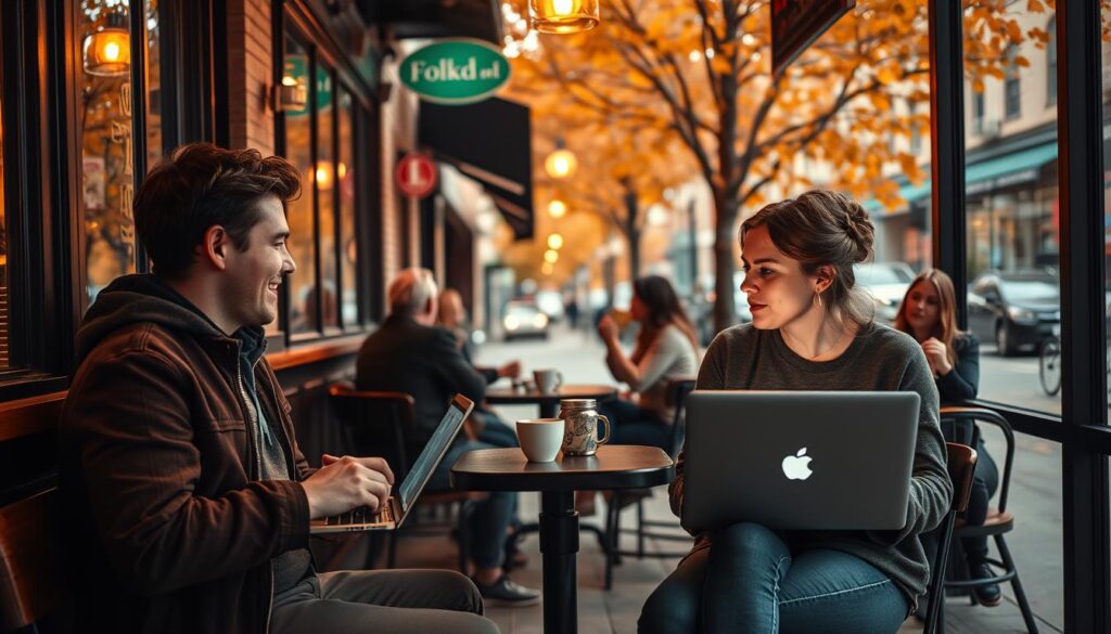 A cozy cafe in downtown Grand Island, Nebraska, on a breezy autumn afternoon. In the foreground, a young couple sits at a small table, their faces lit by the warm glow of laptop screens as they navigate the Folkd.com dating app, exchanging playful glances. The middle ground features other singles sipping coffee and tea, engaged in lively conversation. In the background, the streetscape is framed by the vibrant hues of changing leaves, creating a charming and inviting atmosphere for this local online dating hotspot.