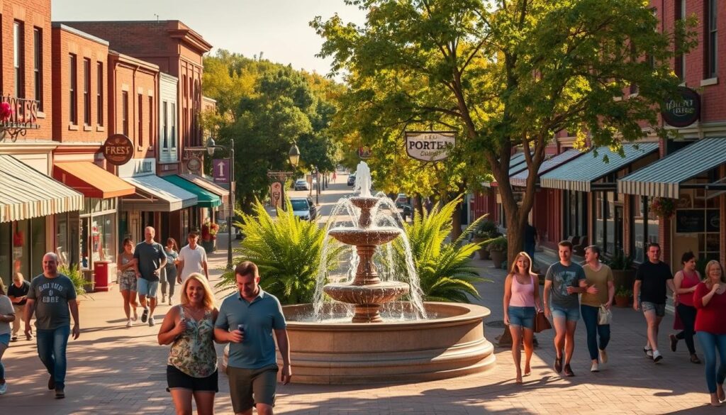 A bustling town square in Grand Island, Nebraska, bathed in warm, golden sunlight. Vibrant splashes of color from lively local shops and cafes line the streets, their cheerful facades inviting passersby to explore. In the center, a charming fountain gurgles, surrounded by lush, verdant foliage that sways gently in the breeze. Couples and friends stroll along the sidewalks, their laughter and chatter adding to the lively atmosphere. The scene is captured through a wide-angle lens, framing the scene with a sense of depth and energy, perfect for showcasing the best spots for singles to enjoy a memorable date in this vibrant Nebraskan city.