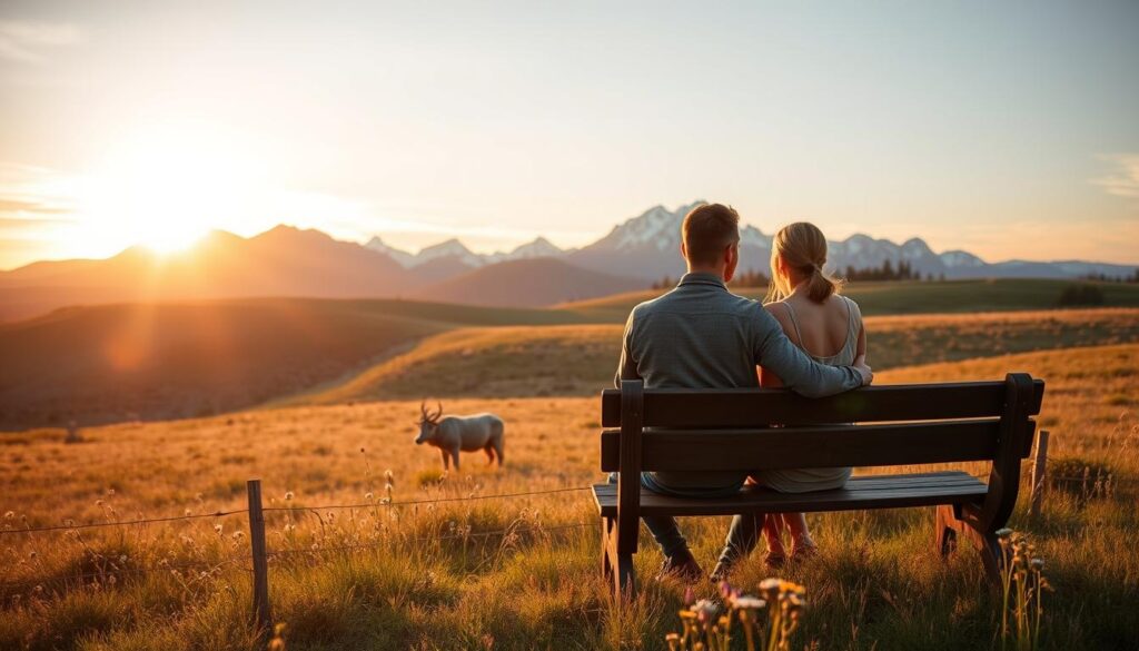 A picturesque scene of a romantic date in the South Hills of Montana. In the foreground, a couple sits on a wooden bench, gazing at each other under the warm glow of a sunset. The middle ground features a lush, rolling meadow dotted with wildflowers, with the majestic, snow-capped peaks of the Rocky Mountains rising in the distance. Soft, diffused lighting casts a dreamy, intimate atmosphere, as if captured through the lens of a vintage camera. The overall mood is one of tranquility, wonder, and the blossoming of newfound love amidst the stunning natural beauty of this idyllic Montana landscape.