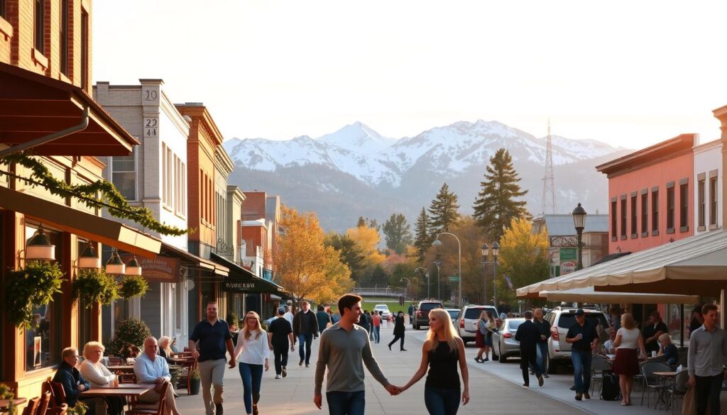 A bustling city street in White Haven, Montana, with couples strolling hand-in-hand, enjoying the vibrant atmosphere. In the foreground, a charming cafe with cozy outdoor seating, inviting passersby to linger and soak in the romantic ambiance. The middle ground showcases a picturesque park, where people gather for picnics and leisurely walks, bathed in the warm glow of the setting sun. In the background, the majestic Rocky Mountains rise, their snow-capped peaks creating a stunning natural backdrop. The overall scene evokes a sense of tranquility and connection, perfectly capturing the essence of dating near White Haven.