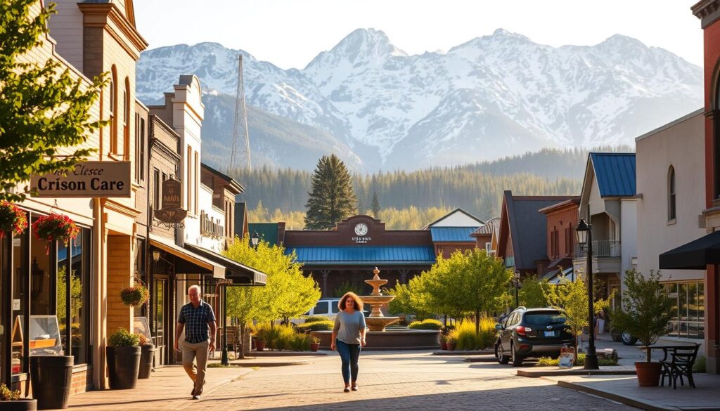 A serene, sun-dappled afternoon in the charming town of Clinton, Montana. In the foreground, a couple strolls hand-in-hand down a quaint main street, window-shopping and taking in the locally-owned boutiques and cafes. The middle ground features a picturesque town square, with a historic fountain and lush, verdant landscaping. In the background, the rugged, snow-capped peaks of the Rocky Mountains rise majestically, creating a breathtaking natural backdrop. The warm, golden light and soft, diffused shadows convey a sense of tranquility and romance, perfectly capturing the hidden gem that is Clinton, Montana for singles seeking a picturesque and engaging dating destination.
