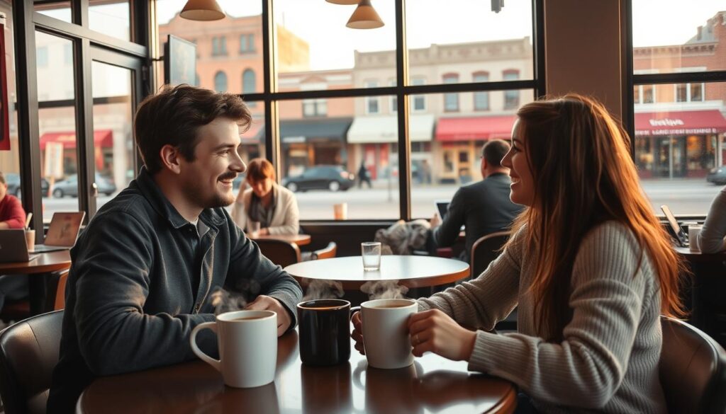 A cozy, well-lit coffee shop in downtown Hays, Montana, with large windows offering a view of the main street. In the foreground, a young couple sits at a table, smiling and engaged in conversation over steaming mugs of coffee. The middle ground features other patrons, some working on laptops, others chatting with friends. In the background, the quaint, historic buildings of Hays' Main Street are visible, bathed in the warm glow of the afternoon sun. The overall scene conveys a sense of connection, community, and the success of online dating for Hays singles.