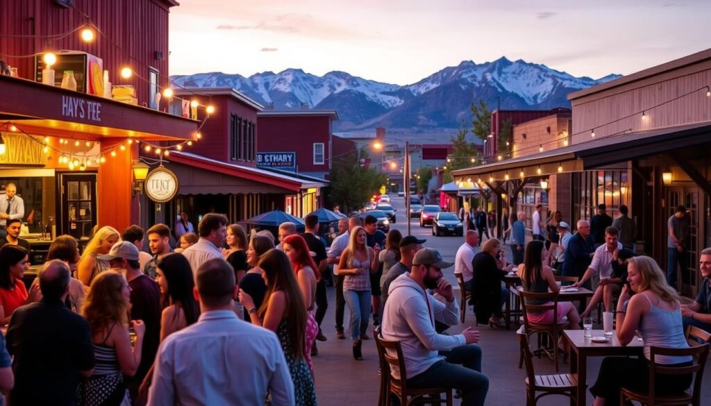A vibrant evening scene in the heart of Hays, Montana, showcasing the local hotspots for singles. In the foreground, a lively bar with a cozy, intimate atmosphere, warm lighting, and a crowd of stylishly dressed patrons mingling and laughing. In the middle ground, a trendy cafe with an outdoor seating area, where couples and friends sip coffee and engage in animated conversation. In the background, the silhouettes of the Rocky Mountains provide a stunning natural backdrop, bathed in the soft glow of the setting sun. The overall mood is one of energy, camaraderie, and the promise of new connections.