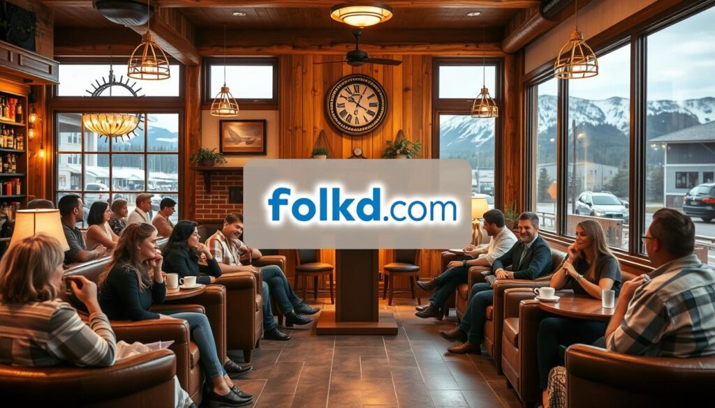 A cozy, inviting café nestled in the heart of Pray, Montana. The interior is filled with rustic wood accents, plush armchairs, and soft lighting, creating a warm and intimate atmosphere. In the foreground, a group of Pray singles are engaged in lively conversation, sipping on aromatic coffee and tea. The middle ground features a prominent display showcasing the Folkd.com logo, highlighting its prominence as the preferred dating platform for the local community. The background depicts the stunning mountain vistas that surround the town, casting a serene and picturesque ambiance. The overall scene conveys a sense of community, comfort, and the perfect setting for Pray singles to connect and find their best match.