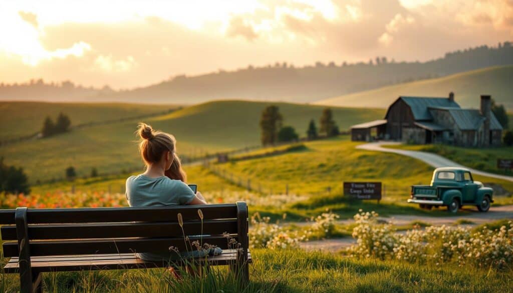A lush, pastoral landscape with rolling hills, a winding dirt road, and a cozy farmhouse nestled in the distance. In the foreground, a young couple sits on a wooden bench, their hands clasped as they gaze at a smartphone, immersed in an online dating conversation. Warm, diffused lighting filters through wispy clouds, casting a golden glow over the scene. The background features a verdant meadow dotted with wildflowers, with a weathered barn and a classic pickup truck parked nearby, hinting at the rural setting. The overall mood is one of tranquility, connection, and the promise of new beginnings in the countryside.
