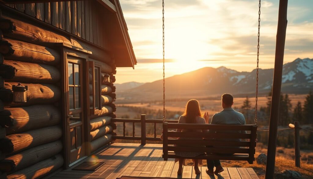 A rustic cabin nestled in the majestic Montana wilderness, its weathered wood gleaming under the warm glow of a setting sun. In the foreground, a couple sits hand-in-hand on a porch swing, gazing out at the rolling hills and snow-capped peaks beyond. The air is crisp and invigorating, filled with the scent of pine and the faint sound of a babbling brook. The mood is one of tranquility and contentment, a perfect backdrop for an intimate, successful date in this stunning natural setting.