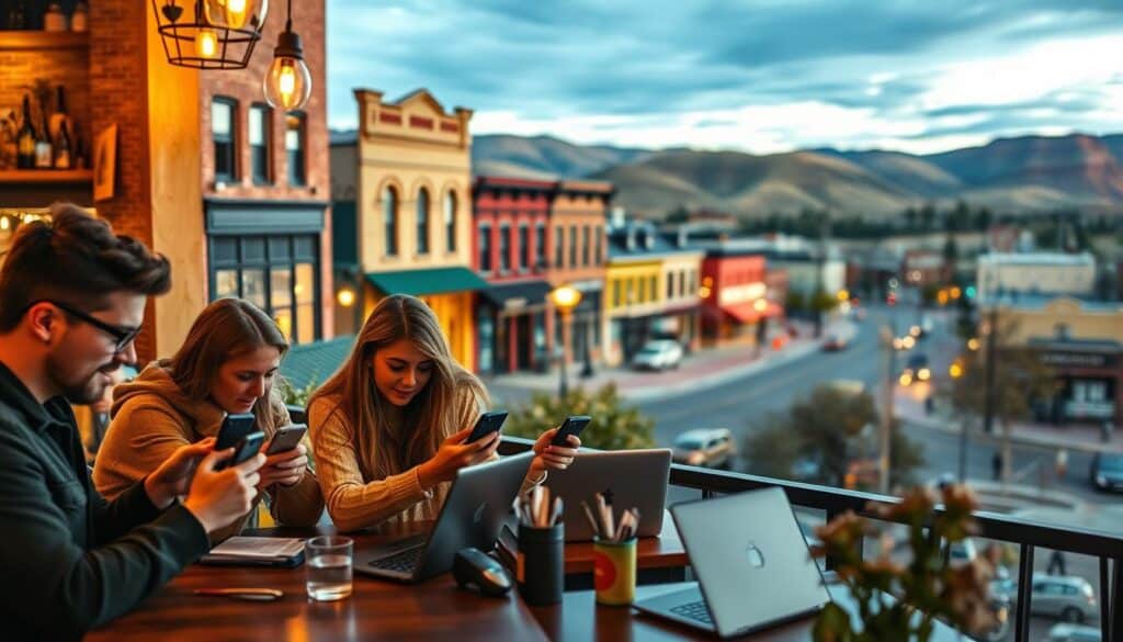a detailed cityscape of east helena, montana, with a group of young adults using their smartphones and laptops in a cozy coffee shop, warm lighting illuminating the scene, capturing the vibrant atmosphere of online dating in this charming small town, a blurred background showcasing the historic downtown buildings and rolling hills in the distance, a sense of connection and community radiating from the relaxed, friendly environment