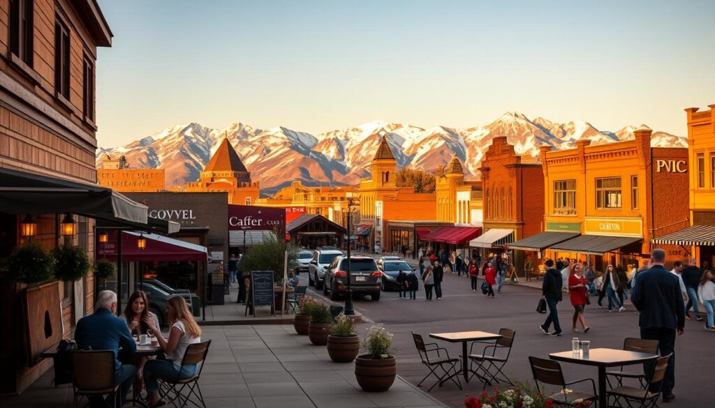A picturesque cityscape of East Helena, Montana, at golden hour. In the foreground, a cozy café with inviting outdoor seating, couples enjoying coffee and conversation. The middle ground features a bustling town square, locals browsing quaint shops and food vendors. In the background, the majestic Rocky Mountains rise, their snow-capped peaks bathed in warm, soft light. The scene exudes a charming, small-town atmosphere, perfect for a romantic date night. Detailed, photorealistic, 8K resolution.