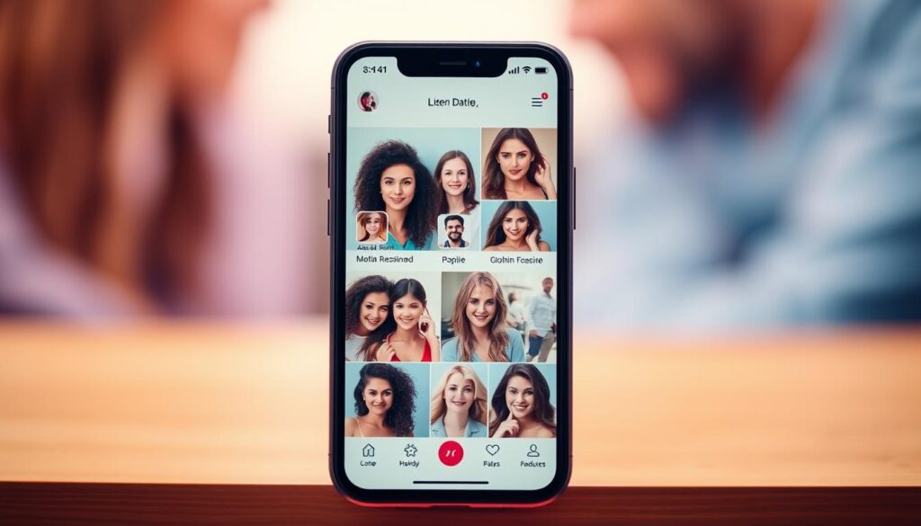 A vibrant, visually engaging image of a modern online dating app interface, showcasing a clean and intuitive user experience. The main screen features a grid of user profile photos, each meticulously detailed with expressive facial features and natural poses, creating a sense of authenticity. In the foreground, a smartphone displays the app's streamlined design, with sleek icons and a minimalist layout that guides the user's attention to the core functionality. The background is softly blurred, evoking a sense of digital intimacy and connection. The overall mood is one of optimism, accessibility, and the promise of meaningful relationships in the digital age.
