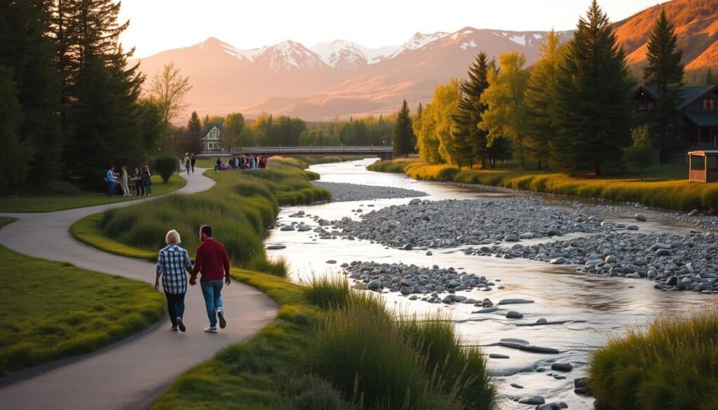 A scenic view of East Missoula's idyllic outdoor dating spots, captured in a warm, golden hour glow. In the foreground, a couple strolls hand-in-hand along a winding riverside path, surrounded by lush greenery and the gentle flow of the nearby stream. In the middle ground, people gather on the banks, enjoying picnics and conversations against the backdrop of the rugged, snow-capped mountains. The sky is painted in soft hues of orange and pink, creating a serene and romantic atmosphere that invites singles to explore the natural beauty and vibrant community of East Missoula.