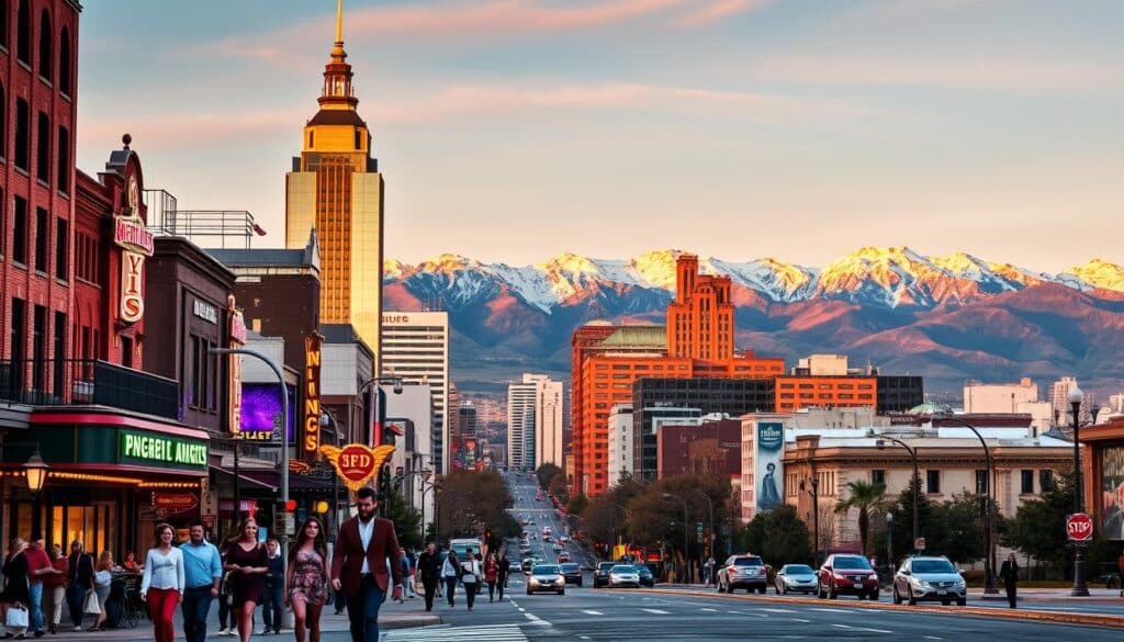 A vibrant cityscape showcasing the top nearby dating destinations for singles in Livingston, Montana. In the foreground, bustling city streets with stylish couples strolling hand-in-hand, enjoying the lively atmosphere. The middle ground features towering skyscrapers, neon-lit nightclubs, and trendy restaurants, inviting singles to explore the dynamic social scene. In the background, majestic mountain ranges provide a stunning natural backdrop, creating a sense of adventure and exploration. The image is bathed in a warm, golden light, conveying a romantic, cosmopolitan mood, perfect for showcasing the thriving dating opportunities just a short distance from Livingston.