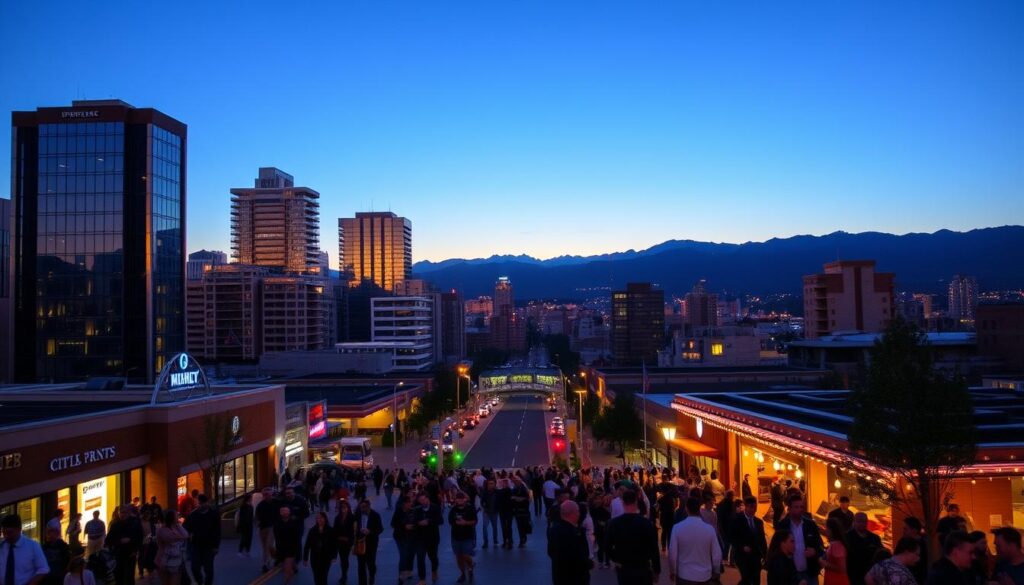 A bustling cityscape with towering skyscrapers, bustling streets, and a vibrant nightlife. In the foreground, people strolling and socializing, creating a lively and energetic atmosphere. The middle ground features modern high-rise buildings, glass facades reflecting the warm glow of sunset. In the background, a range of mountain peaks silhouetted against a deep blue sky, hinting at the scenic natural landscapes surrounding the urban center. Soft, diffused lighting casts a romantic, intimate mood, perfect for a singles' dating adventure in the nearby cities of Helena Valley Southeast, Montana.