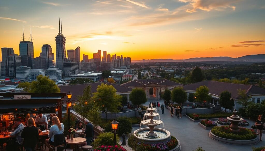 A bustling city skyline at golden hour, with modern high-rises and towering spires casting long shadows across the landscape. In the foreground, a lively outdoor cafe setting, with couples enjoying drinks and lively conversation under the glow of string lights. The middle ground features a quaint town square, people strolling hand-in-hand past decorative fountains and blooming flower beds. In the distance, a scenic backdrop of rolling hills and lush, verdant forests. The overall atmosphere is one of romantic ambiance, with a sense of liveliness and energy that captures the spirit of dating in a picturesque city near Butterfield.