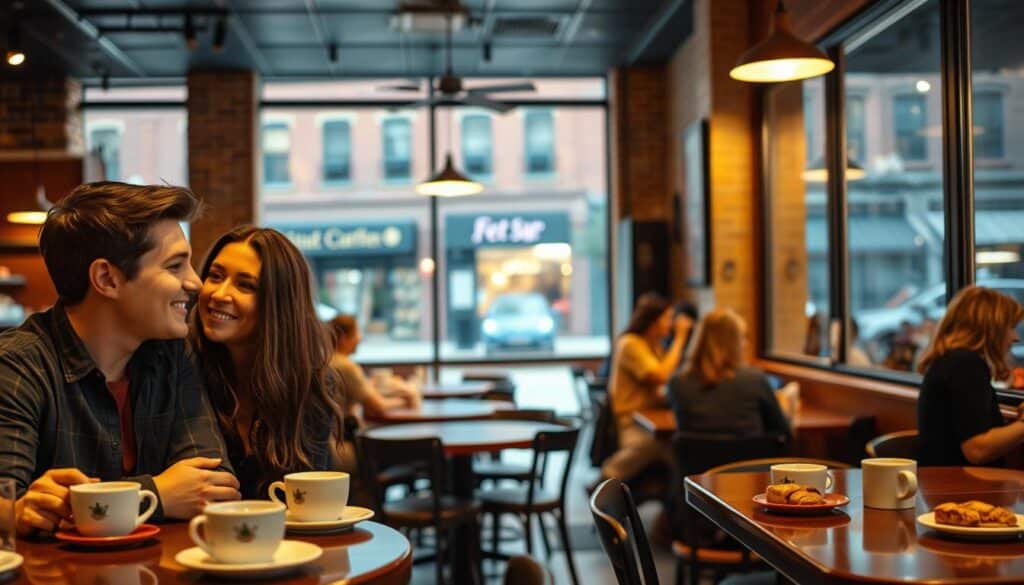 A cozy cafe interior in downtown Union Star, Missouri, with couples enjoying casual conversations over cups of coffee and plates of homemade pastries. Soft, warm lighting illuminates the scene, casting a inviting glow on the intimate setting. In the foreground, a young couple smiles as they lean in, engaged in a lively discussion. The middle ground features a mix of tables and chairs, creating a comfortable atmosphere for singles to mingle. The background showcases the charming, small-town aesthetic of Union Star, with brick buildings and quaint storefronts visible through the cafe's large windows.