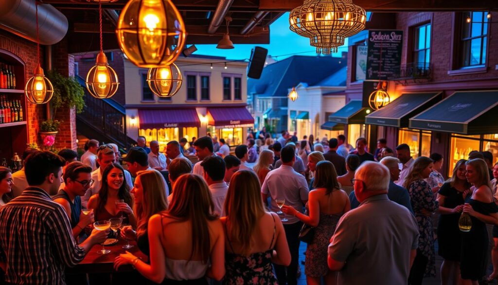 A bustling social scene unfolds in the lively heart of Union Star, Missouri. In the foreground, an intimate gathering of stylishly dressed singles mingles at a chic cocktail lounge, sipping craft cocktails and exchanging lively conversation under the warm glow of vintage pendant lights. In the middle ground, a lively dance floor beckons, couples and groups swaying to the rhythm of a live band's energetic performance. Beyond, the backdrop features the charming historic facades of local shops and restaurants, bathed in the soft, ambient lighting of the evening. An atmosphere of casual sophistication and vibrant energy permeates the scene, creating an inviting setting for meeting new people and exploring the vibrant dating scene of Union Star.