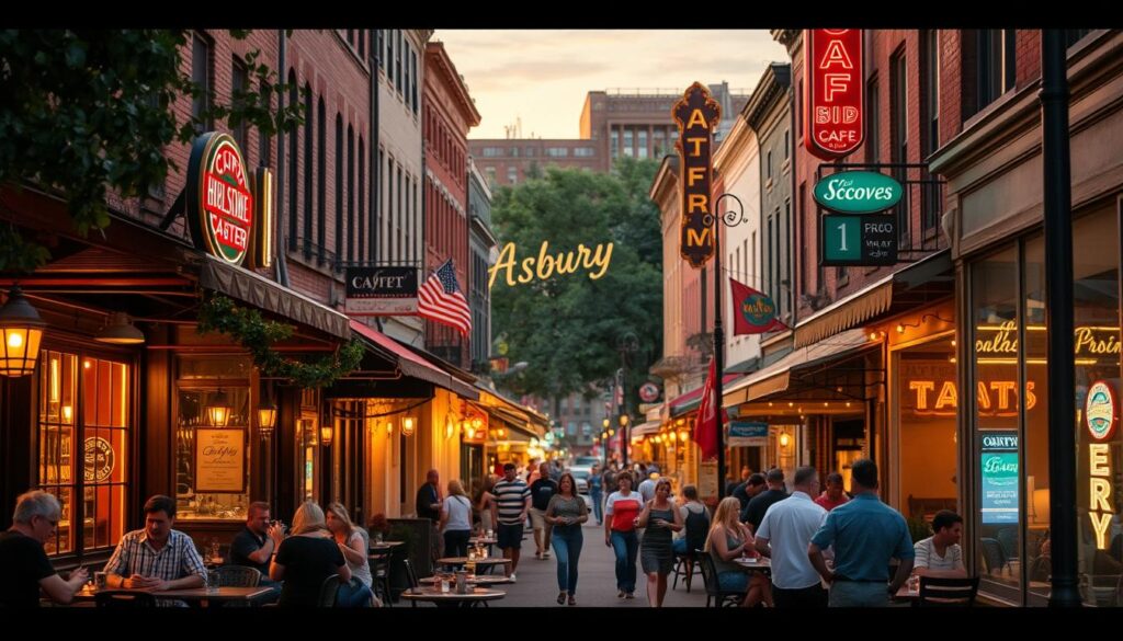 A bustling street in the heart of Asbury, Missouri, lined with cozy local cafés and lively bars. In the foreground, patrons spill out onto charming sidewalk seating, sipping coffee or craft cocktails and enjoying lively conversation. The middle ground features the warm, inviting facades of establishments, their neon signs and ambient lighting creating a vibrant, inviting atmosphere. In the background, a blend of historic and modern architecture frames the scene, lending a unique, eclectic character to the neighborhood. Soft, golden hour lighting filters through, casting a romantic glow over the entire setting. The mood is relaxed, social, and brimming with the energy of a thriving community of singles seeking connection.